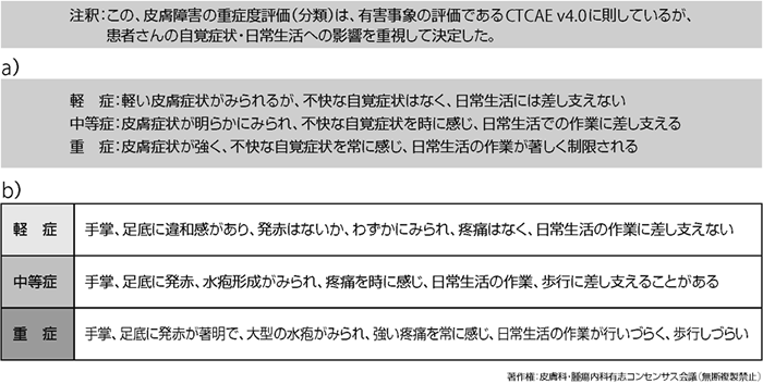 表5　a)皮膚障害の重症度評価　b)手足症候群の重症度評価